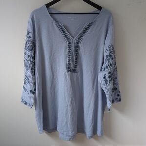 Soft Surroundings Women's Blue Boho Embroidered Split Neck Blouse 3/4 Sleeve 3X